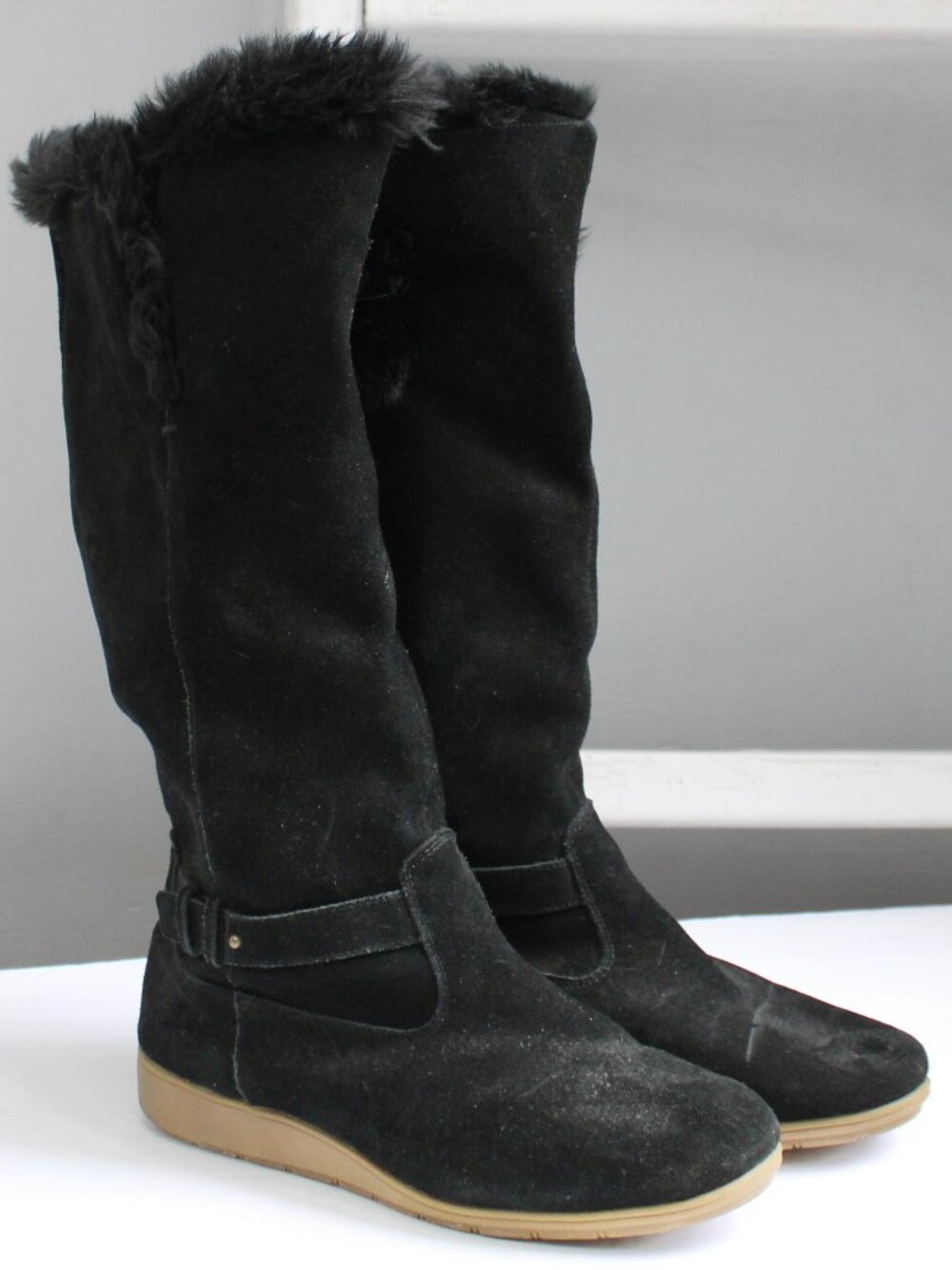 Lands End Mendota Fur Trim Mini Wedge Knee-High Boots Black Suede Womens Size 10